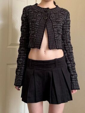 CAbi Cropped Chunky Knit Cardigan in Black and Gray